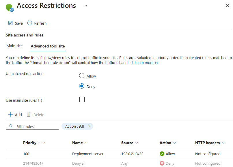 SCM 사이트 또는 앱에 대한 액세스 제한이 설정되지 않음을 보여 주는 Azure Portal의 액세스 제한 창 스크린샷
