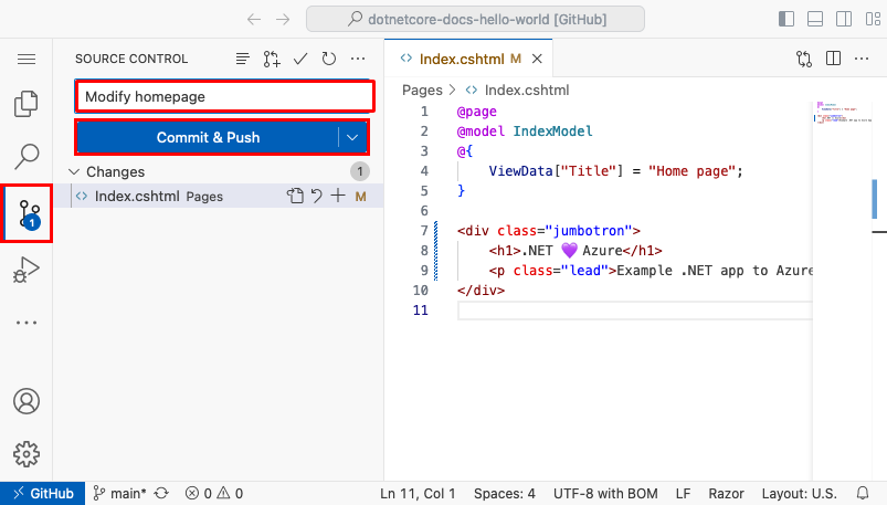 브라우저의 Visual Studio Code 스크린샷, 'Azure를 사랑합니다.'의 커밋 메시지와 커밋 및 푸시 단추가 강조 표시된 소스 제어판.