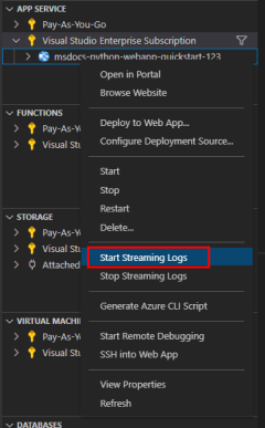 VS Code 확장을 사용하여 로그 스트리밍을 시작하는 방법을 보여주는 스크린샷.