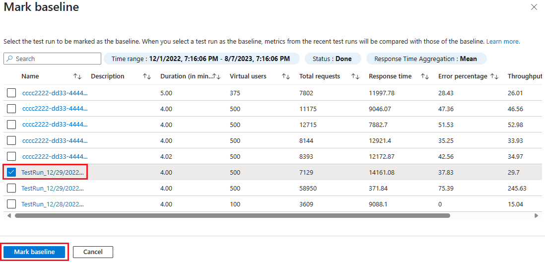 테스트 실행을 기준선으로 표시하는 컨텍스트 창을 보여 주는 스크린샷.