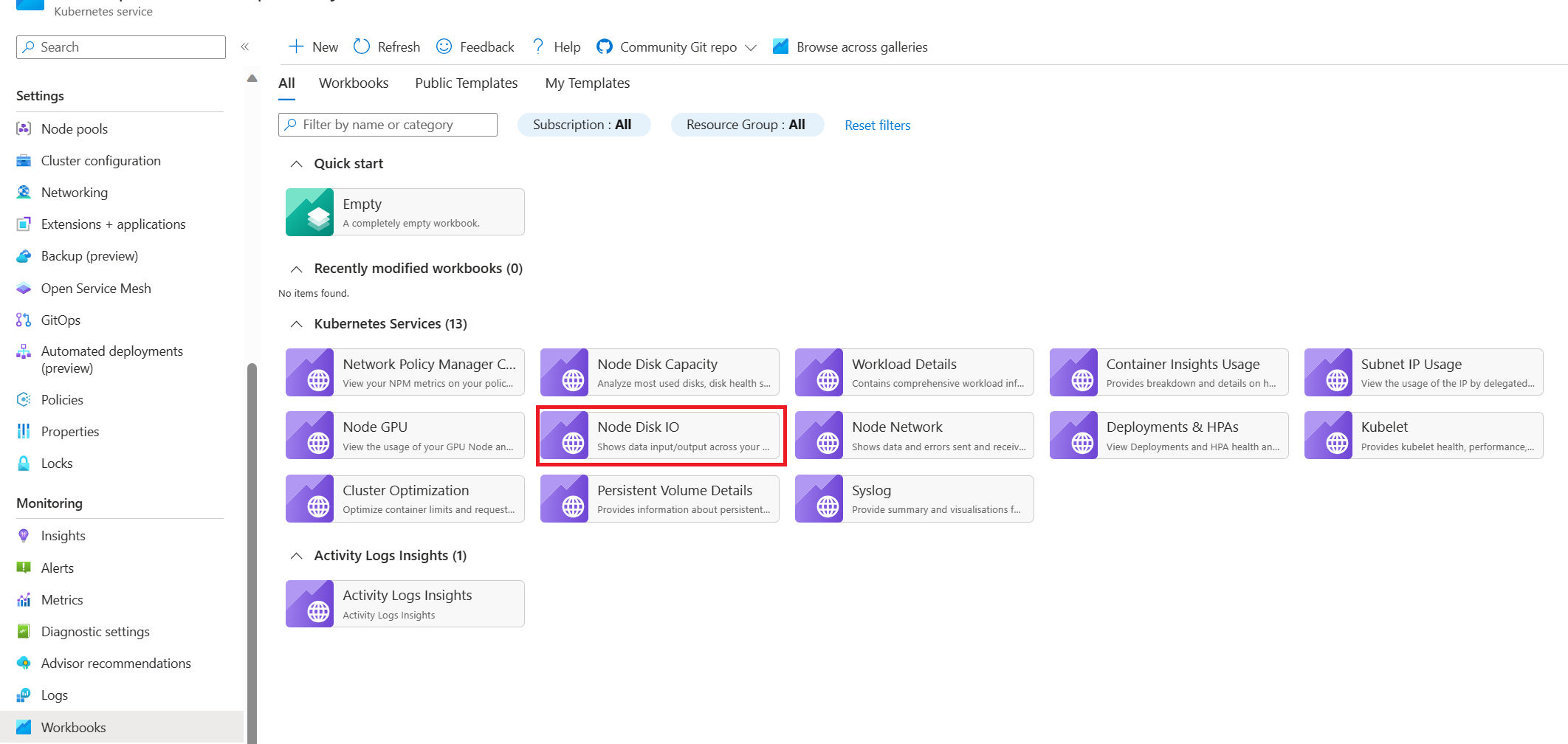 노드 디스크 IO 통합 문서를 보여 주는 스크린샷