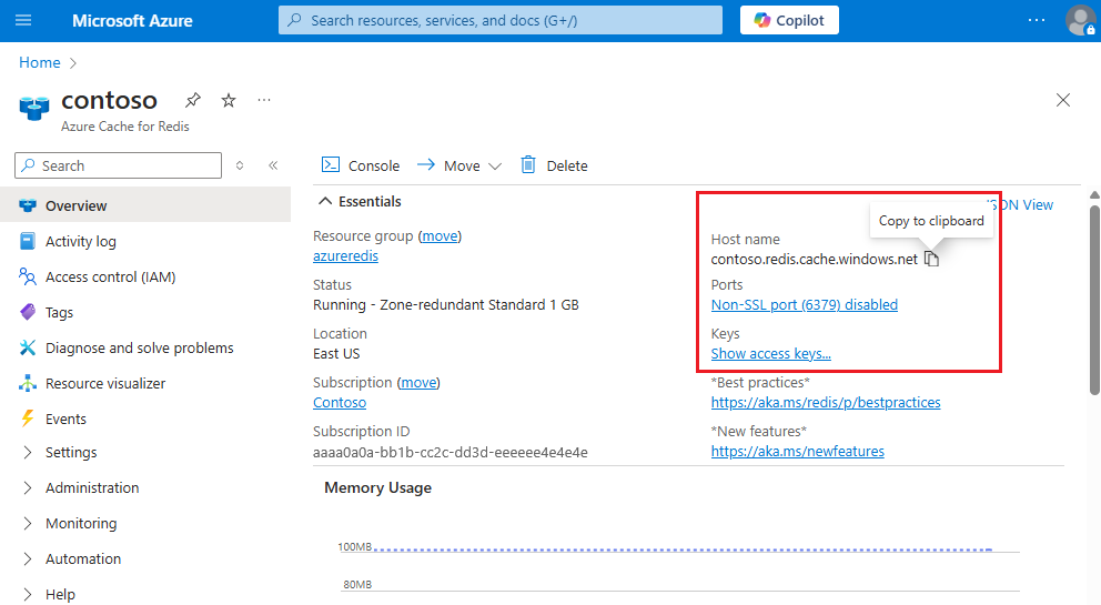 Azure Redis 캐시 속성을 보여 주는 스크린샷.