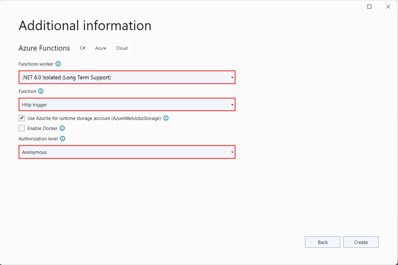 격리된 작업자 모델에 대한 Azure Functions 프로젝트 설정의 스크린샷.