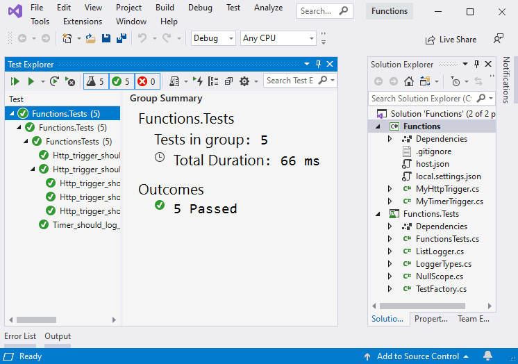 Visual Studio에서 C#으로 Azure Functions 테스트를 보여 주는 스크린샷