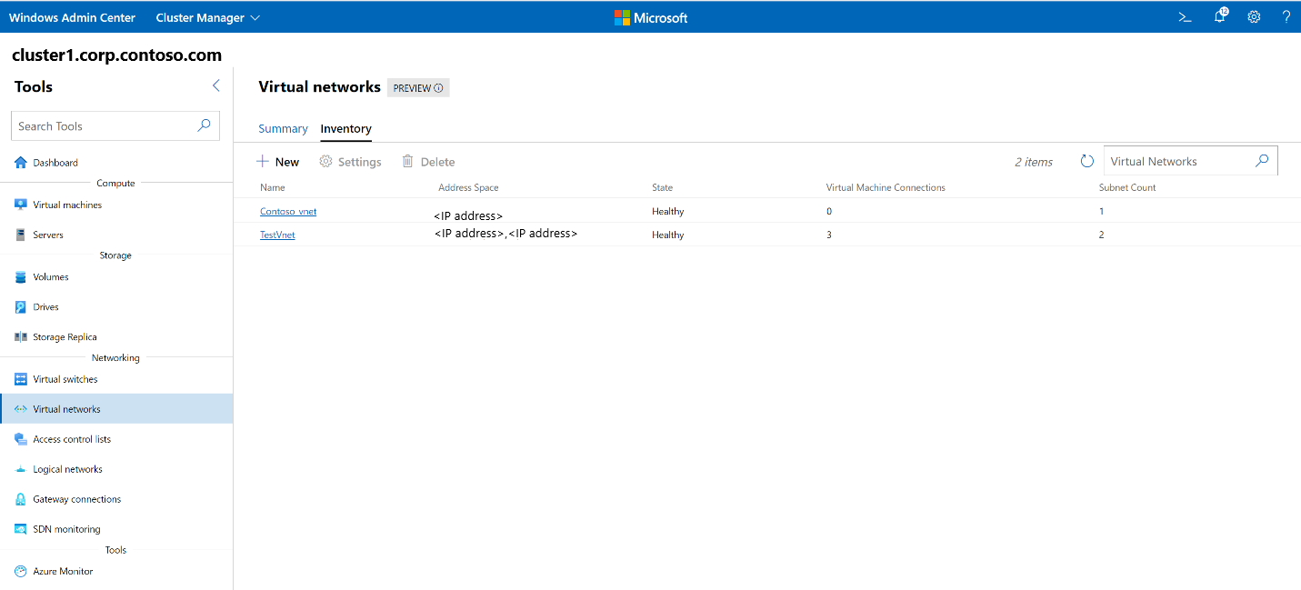 가상 네트워크 목록을 보여 주는 Windows Admin Center의 스크린샷