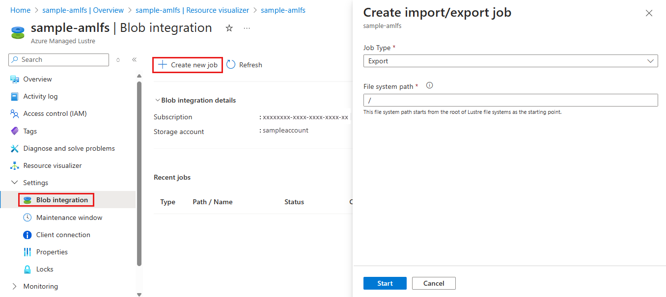 내보내기(보관) 작업을 만들기 위한 포털 설정을 보여 주는 스크린샷