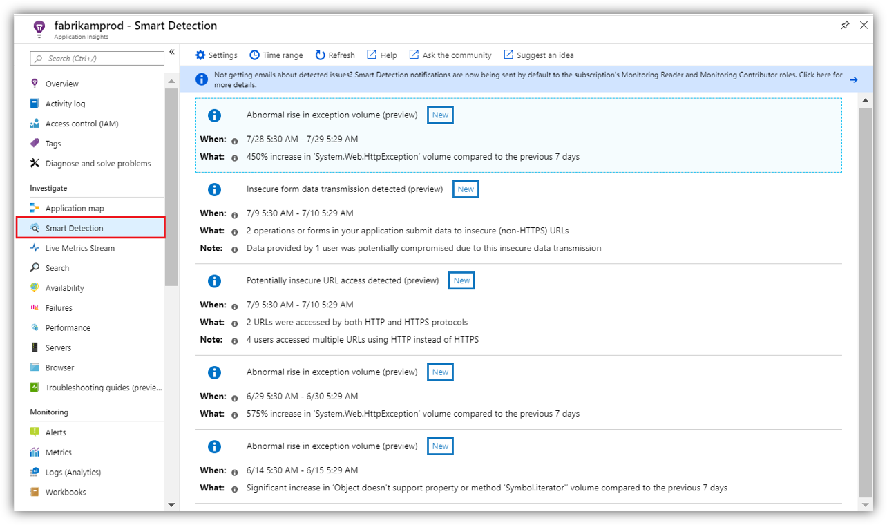 최근 탐지를 보여 주는 스크린샷