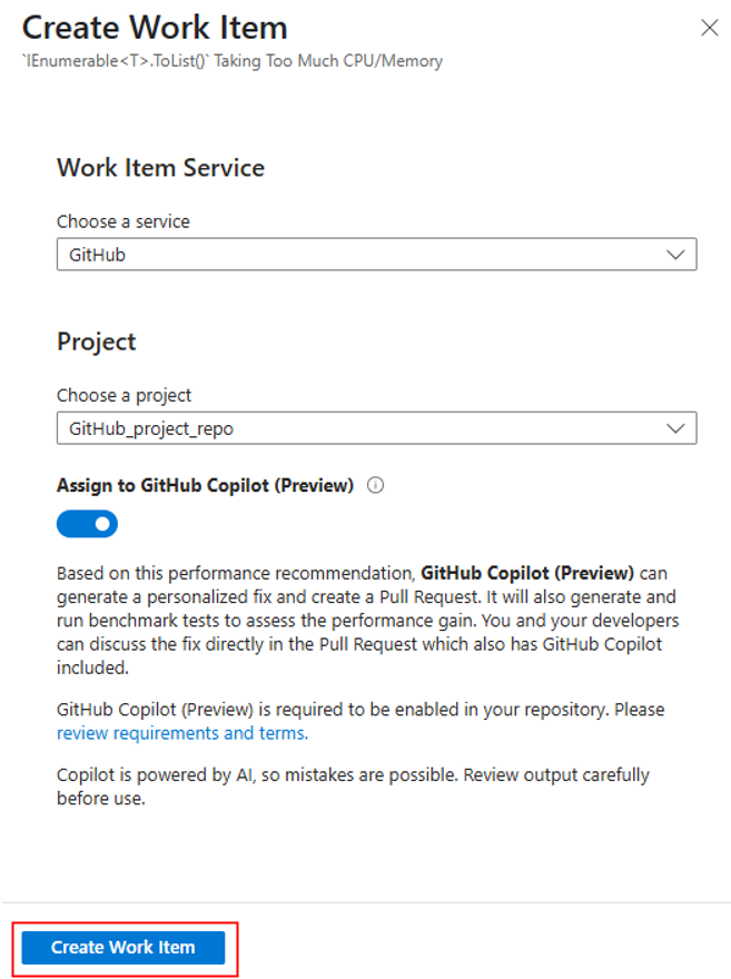 선택한 GitHub Copilot에 할당 옵션의 스크린샷.