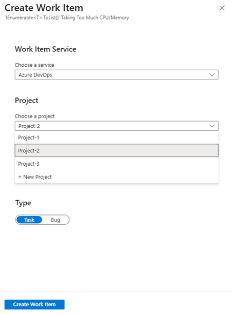 Azure DevOps를 사용하여 문제를 만드는 옵션의 스크린샷