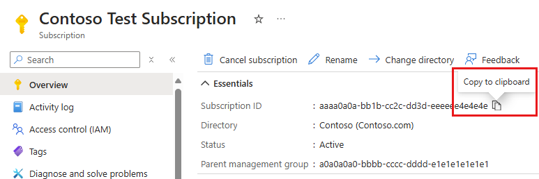 Azure Portal에서 구독 ID를 복사하는 옵션을 보여 주는 스크린샷.