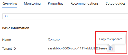 Azure Portal에서 테넌트 ID를 복사하는 옵션을 보여 주는 스크린샷.