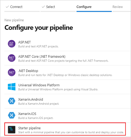 Azure DevOps에서 만들 파이프라인 유형을 선택하는 스크린샷