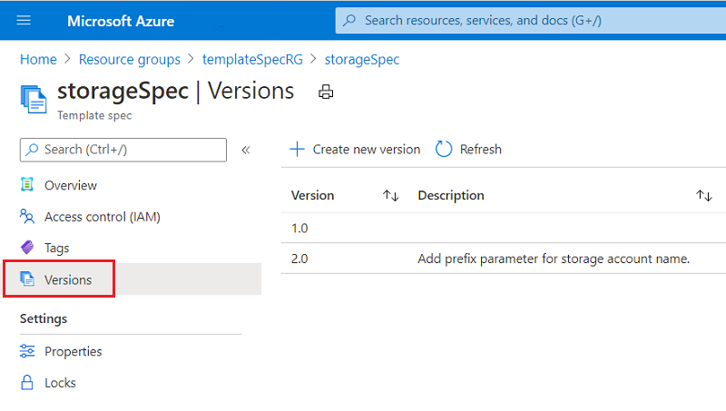 템플릿 사양 세부 정보의 **버전** 탭 스크린샷.