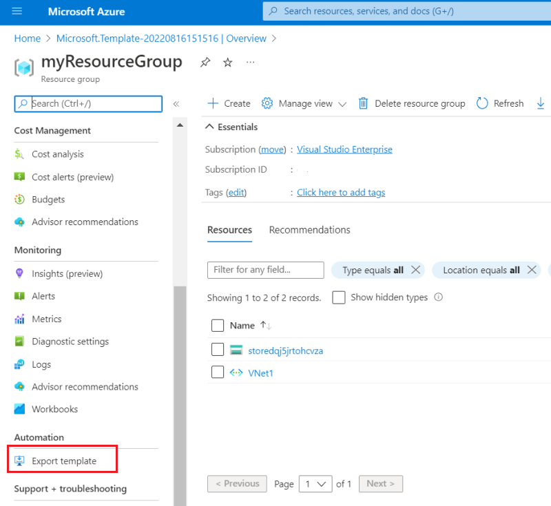 Azure Portal에서 템플릿 내보내기 옵션의 스크린샷