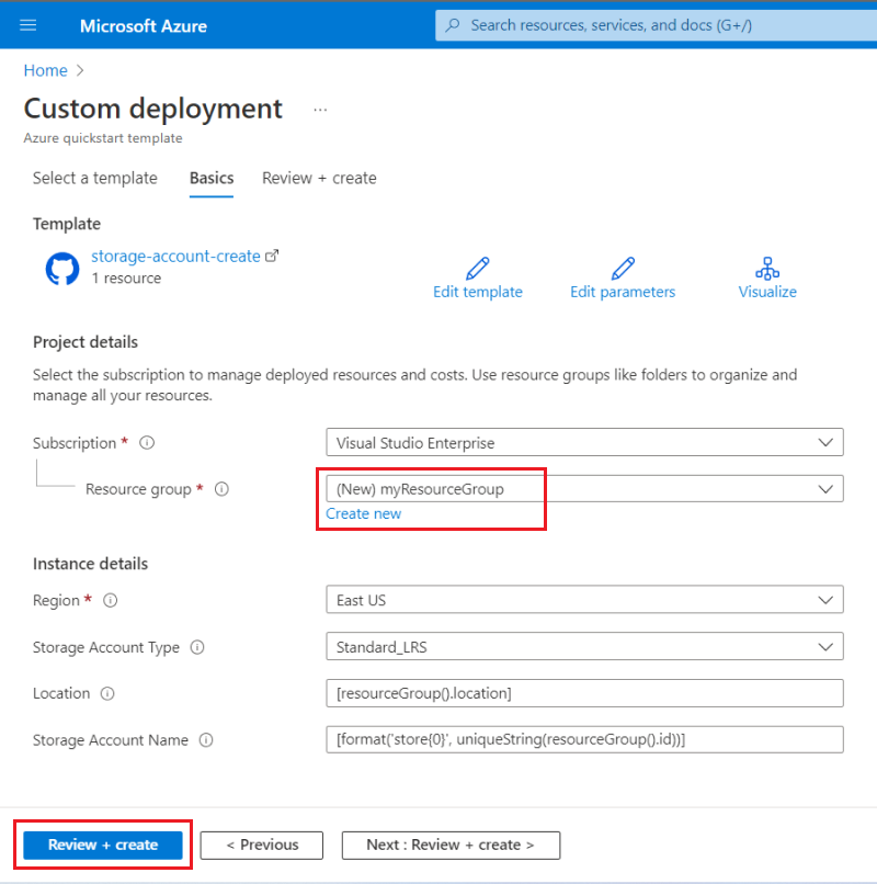 Azure Portal에서 사용자 지정 템플릿에 대한 입력 필드의 스크린샷