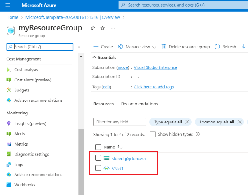 Azure Portal에서 스토리지 계정 및 가상 네트워크가 있는 리소스 그룹의 스크린샷
