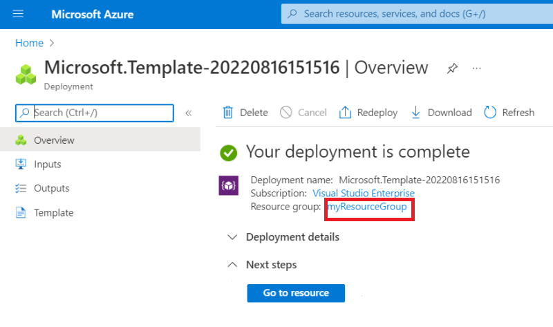 Azure Portal에서 두 번째 배포 페이지 보기의 스크린샷