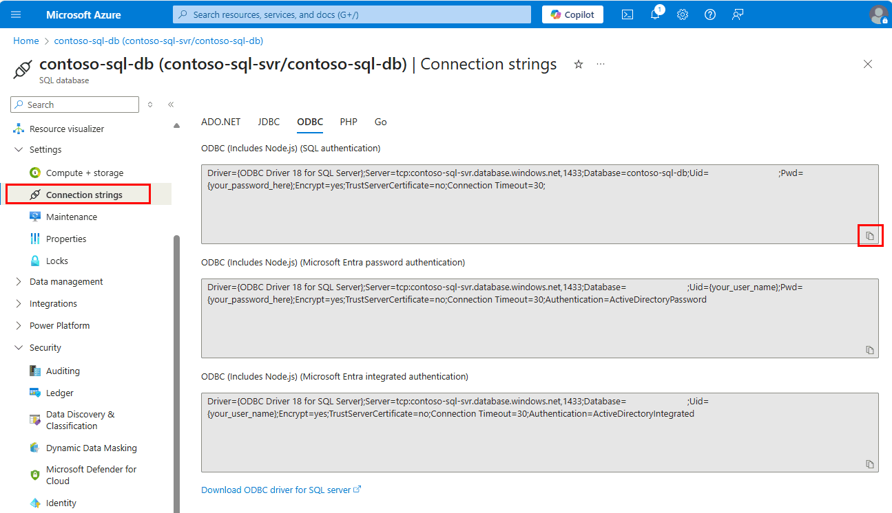 ODBC 연결 문자열의 Azure Portal 스크린샷