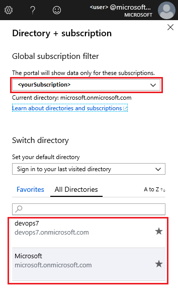 Azure Portal에서 디렉터리를 선택할 수 있는 디렉터리 + 구독 필터 페이지를 보여 주는 스크린샷.