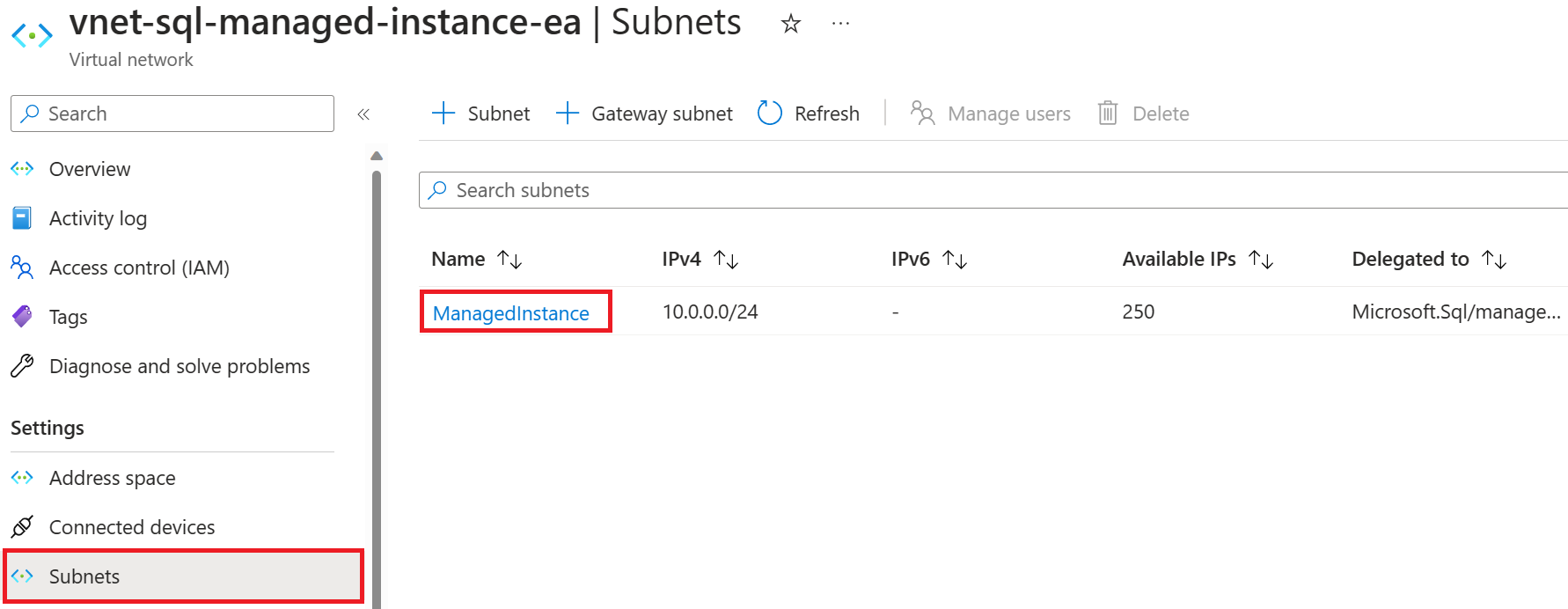 Azure 포털의 SQL 관리 인스턴스 서브넷 페이지 스크린샷, 서브넷이 선택된 상태