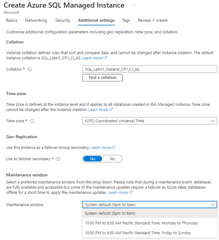 Azure Portal의 스크린샷. Azure SQL 관리형 인스턴스 만들기의 추가 설정 탭에서 유지 관리 기간 드롭다운이 열립니다.