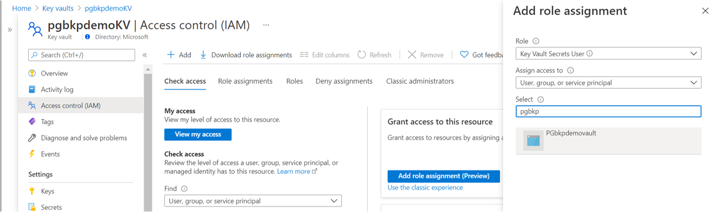 Azure Backup 자격 증명 모음의 MSI Key Vault 비밀 사용자에게 키 자격 증명 모음에 대한 액세스 권한을 부여하는 옵션을 보여 주는 스크린샷.