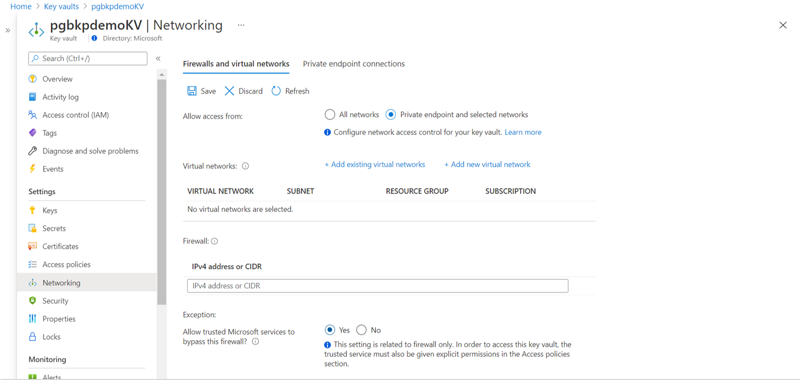 키 자격 증명 모음에서 신뢰할 수 있는 Microsoft 서비스에 네트워크 가시적인 연결 액세스를 허용하는 옵션을 선택하는 모습을 보여 주는 스크린샷.