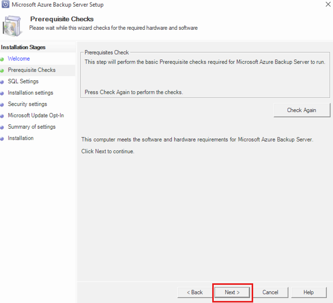 Azure Backup Server 시작 및 필수 구성 요소 확인을 보여주는 스크린샷.