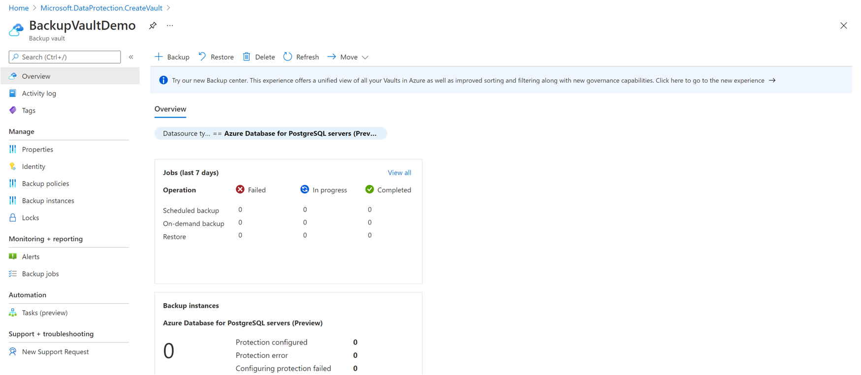 다른 리소스 그룹으로 이동시킬 보관소의 대시보드를 보여 주는 스크린샷