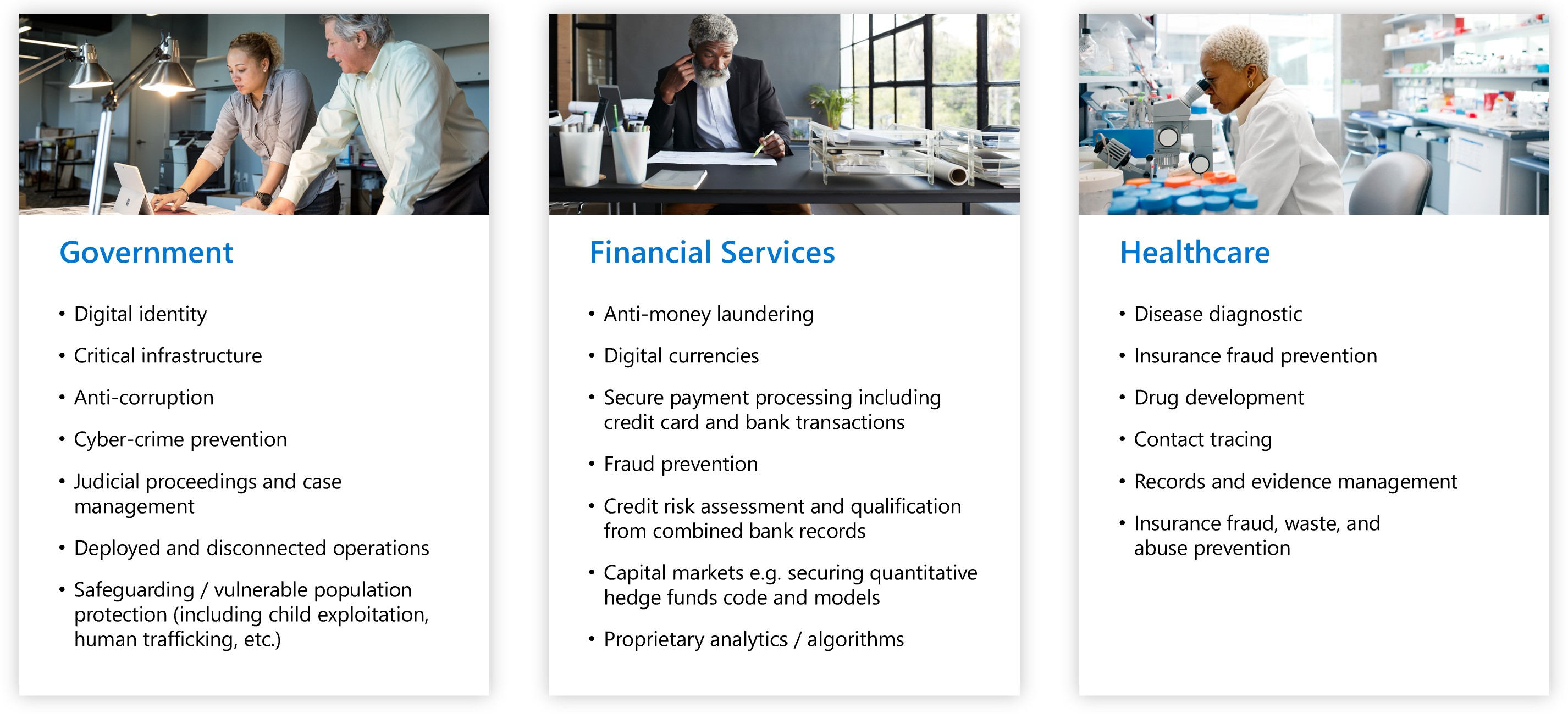 정부, 금융 서비스 및 의료 시나리오를 포함하여 Azure 기밀 컴퓨팅에 대한 사용 사례를 보여 주는 스크린샷