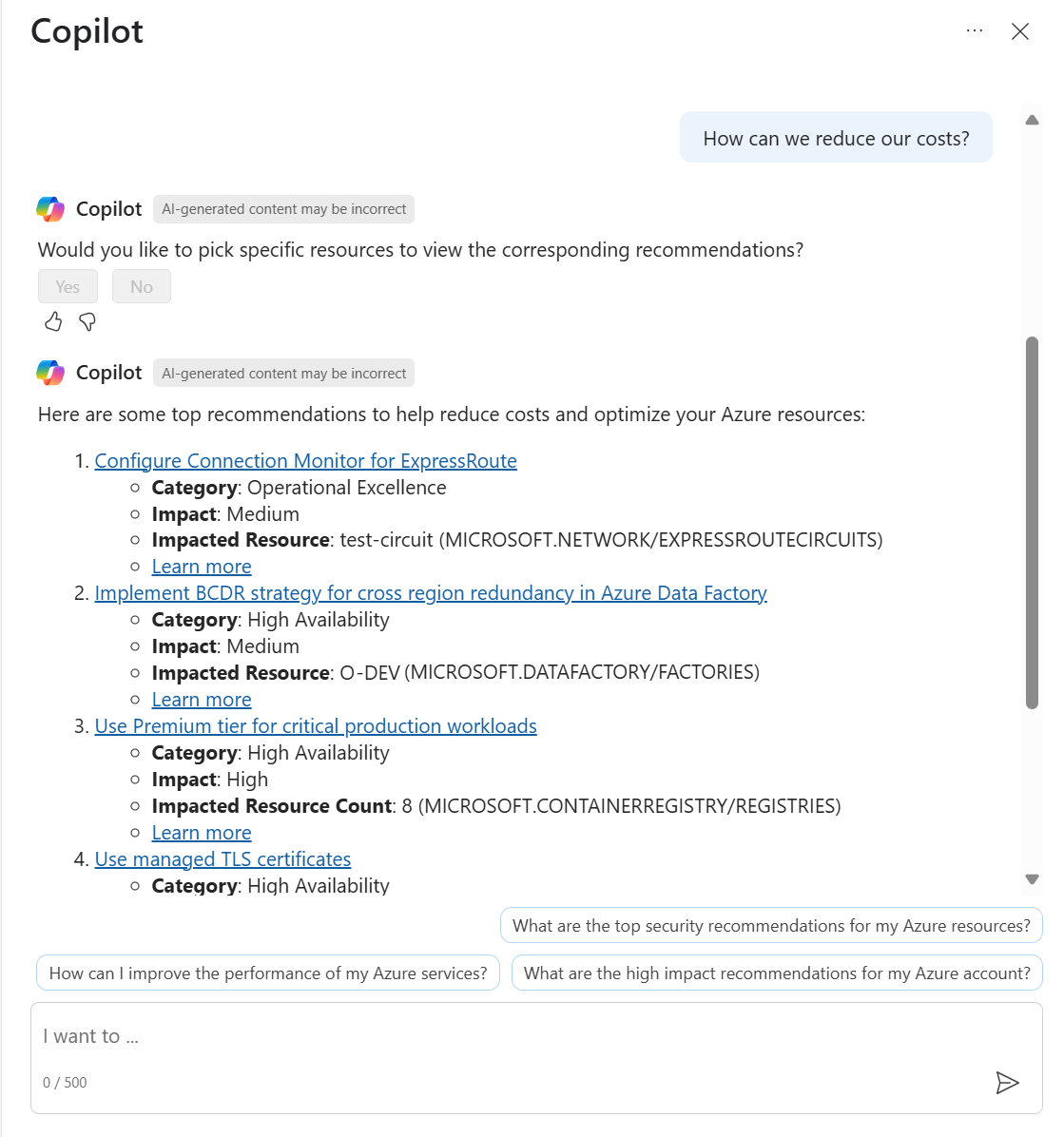 비용을 줄이기 위한 권장 사항 목록을 제공하는 Azure의 Microsoft Copilot 스크린샷