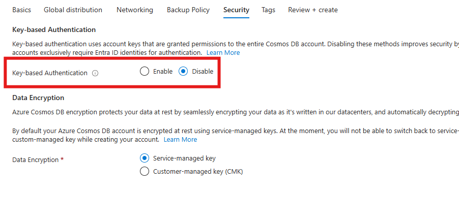 Azure Portal에서 새 계정을 만들 때 키 기반 인증을 사용하지 않도록 설정하는 옵션의 스크린샷