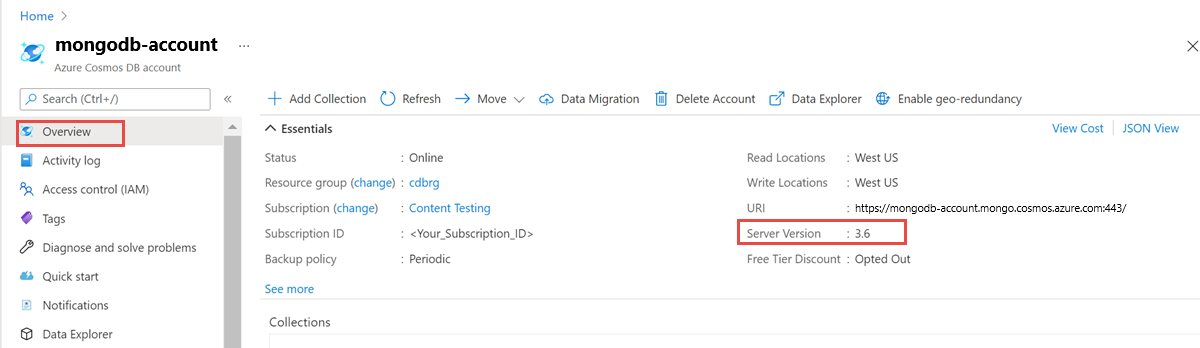 Azure Portal에서 MongoDB 계정의 현재 버전을 확인하는 방법의 스크린샷