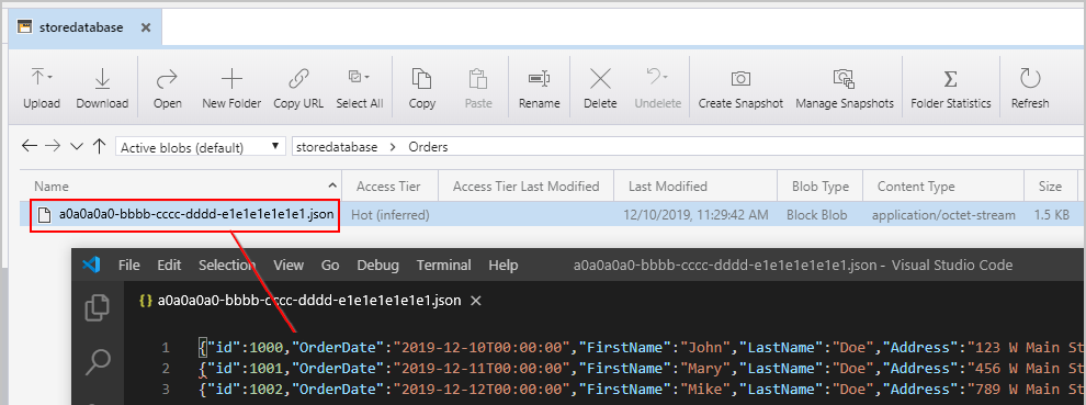 JSON 개체를 포함하는 생성된 파일을 보여 주는 스크린샷.