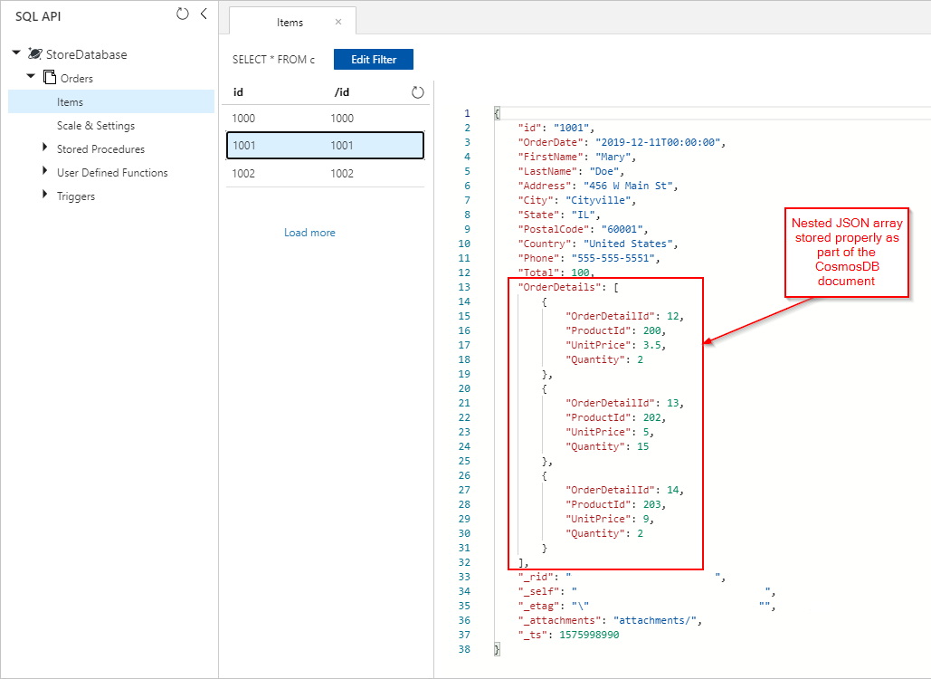 주문 세부 정보를 Azure Cosmos DB 문서의 일부로 표시하는 스크린샷
