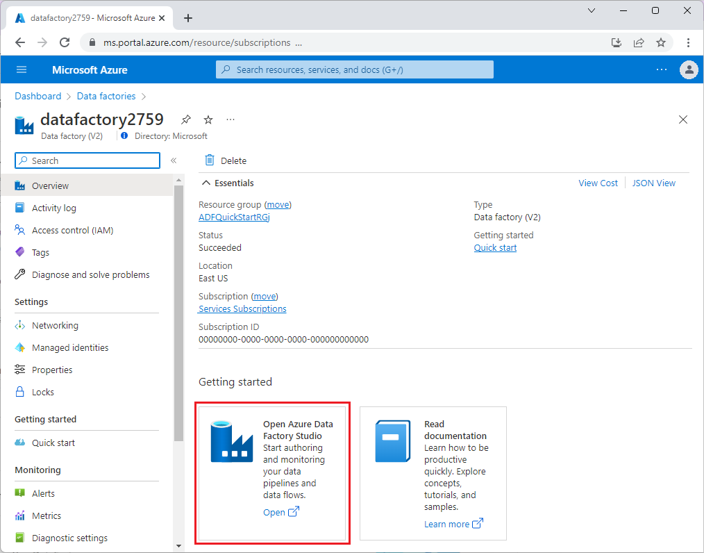 Azure Data Factory 방문 페이지를 보여 주는 스크린샷