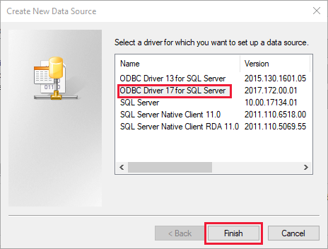 선택한 SQL Server용 ODBC 드라이버 17을 보여 주는 ODBC 드라이버 선택 대화 상자의 스크린샷
