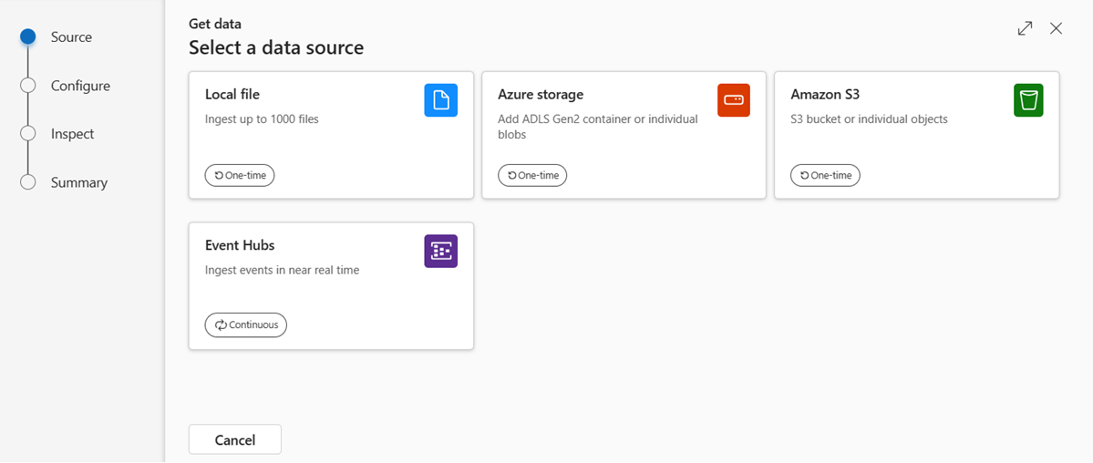 소스 탭이 선택된 데이터 가져오기 창 스크린샷입니다.