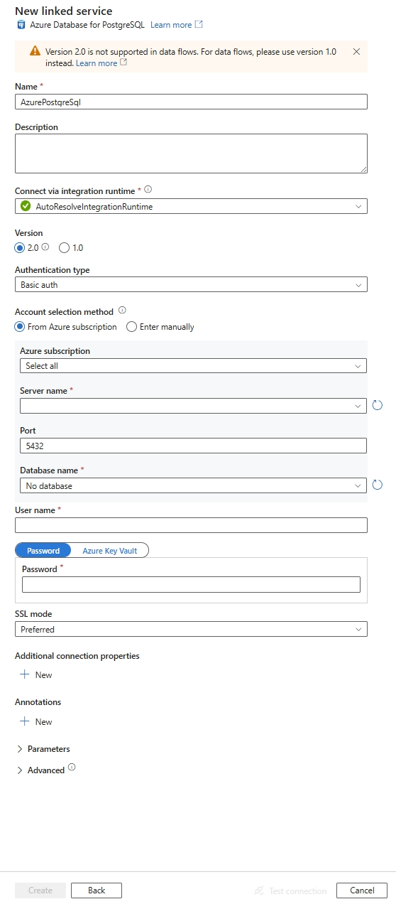 Azure Database for PostgreSQL에 연결된 서비스를 구성합니다.