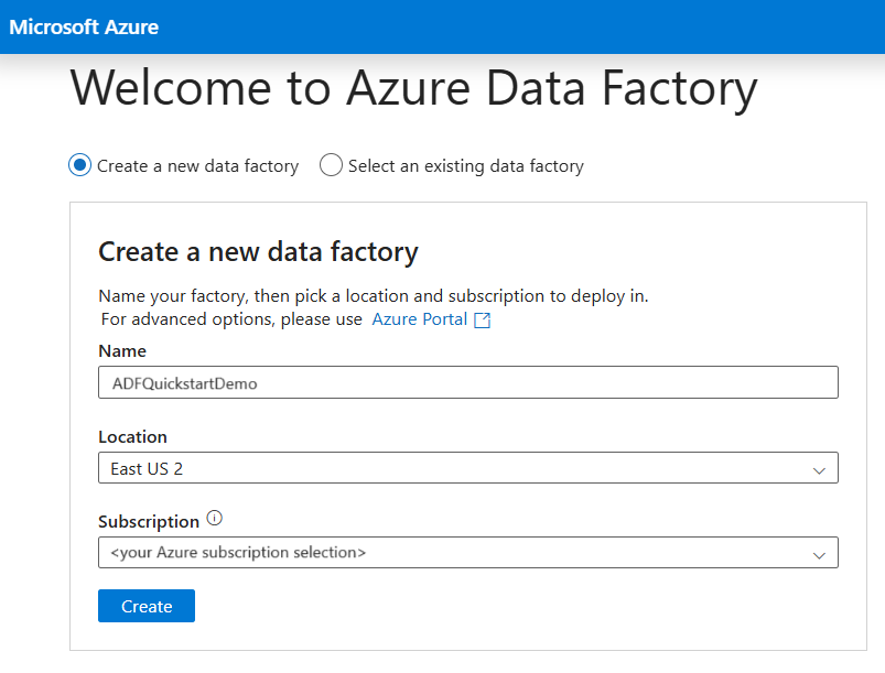 데이터 팩터리를 만들기 위한 Azure Data Factory Studio 페이지를 보여 주는 스크린샷입니다.