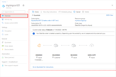 Data Box 주문의 개요 페이지를 보여 주는 화면 캡처.
