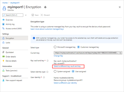 다양한 키 자격 증명 모음과 키 옵션을 선택하는 프로세스를 강조 표시한 Data Box 주문 개요 페이지의 화면 캡처.