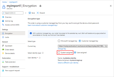고객 관리형 키에서 시스템 할당 키로 변경하기 위한 옵션을 보여 주는 스크린샷.