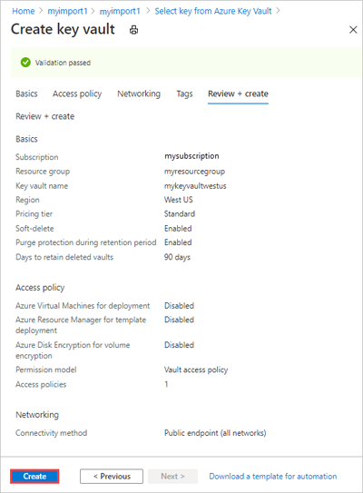 사용자 지정 설정으로 Azure Key Vault를 만드는 방법을 보여 주는 화면 캡처.