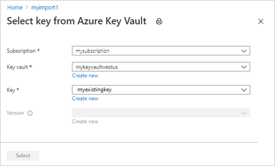 Azure Key Vault에서 키를 선택하는 모습을 보여 주는 화면 캡처.