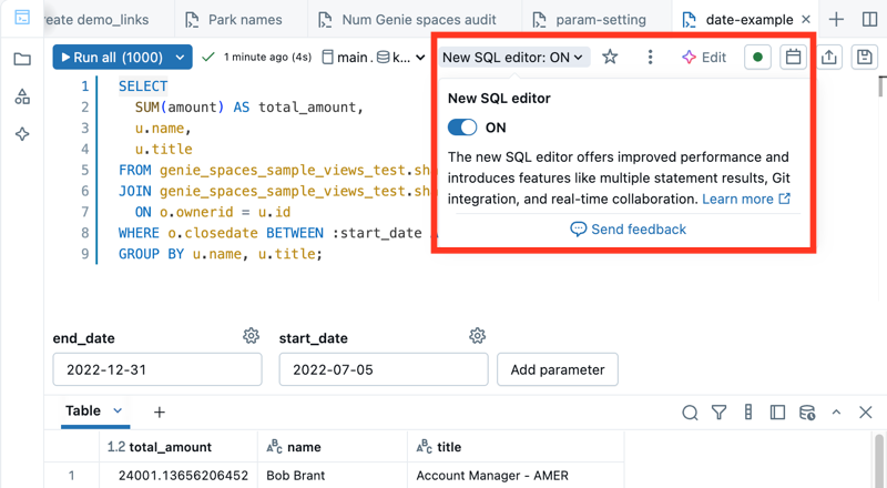 새 쿼리 편집기가 꺼진 SQL 편집기를 보여 주는 스크린샷