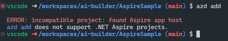 호환되지 않는 .NET Aspire 프로젝트 오류를 보여 주는 스크린샷