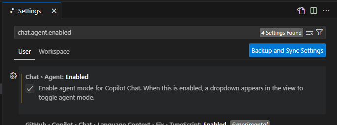 설정이 chat.agent.enabled로 필터링된 설정 대화 상자를 보여 주는 스크린샷