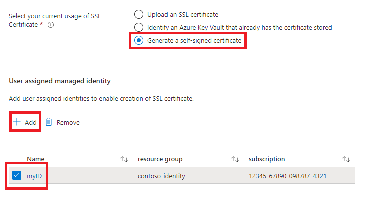자체 서명된 인증서를 생성하기 위한 필드를 보여 주는 Azure Portal 스크린샷
