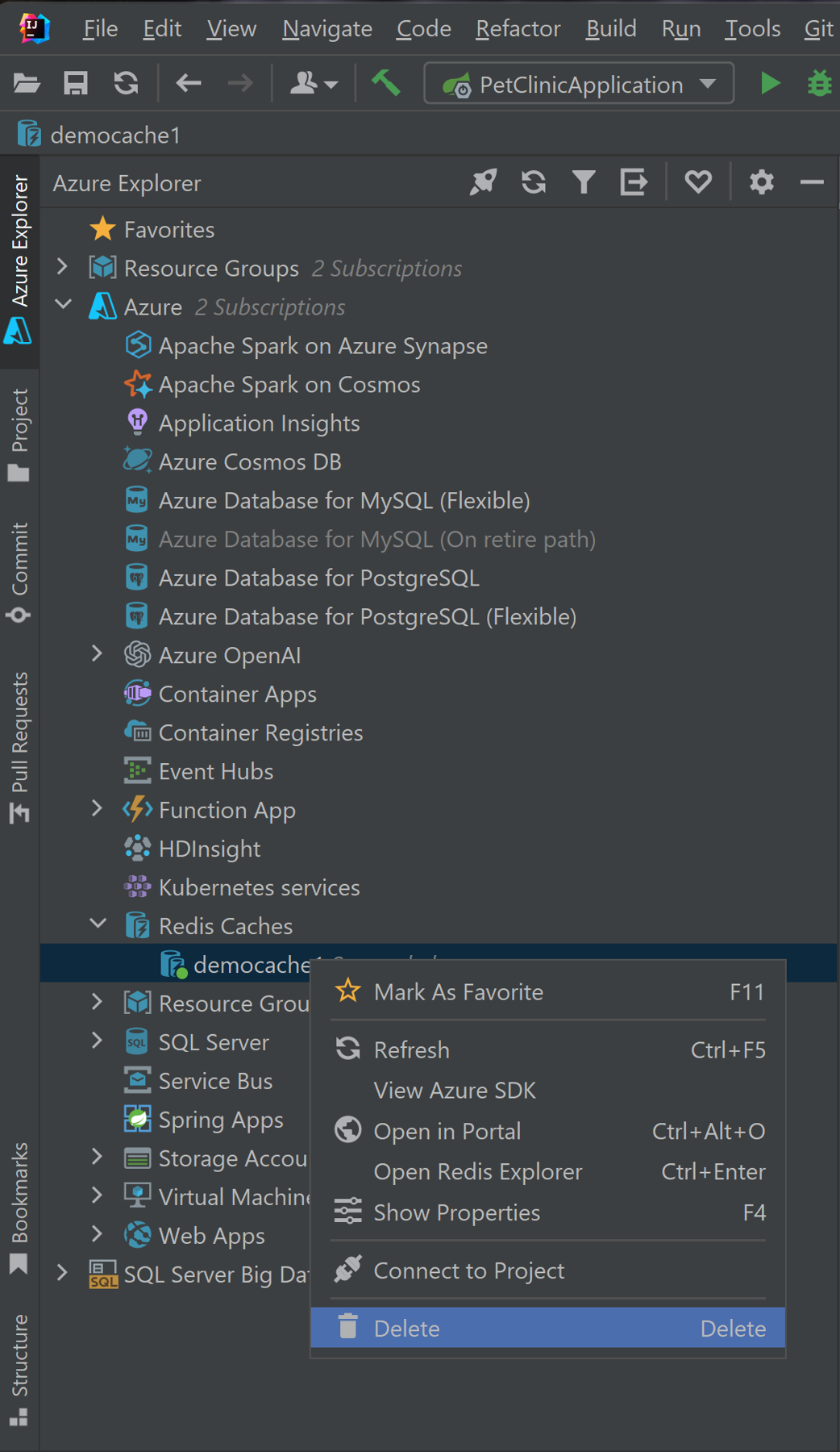 Redis 캐시를 삭제하는 Azure Explorer 상황에 맞는 메뉴